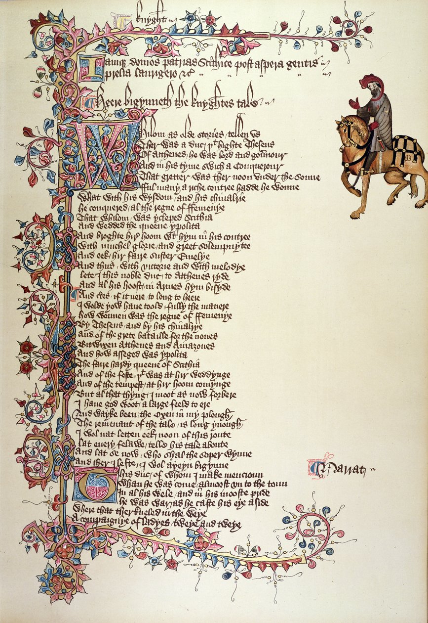 Riddaren, detalj från The Canterbury Tales, av Geoffrey Chaucer (ca 1342-1400) Ellesmere Manuscript, faksimilupplaga, 1911 (för originaldetaljer se 128937) av English School