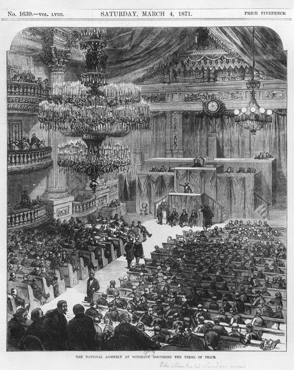 Nationalförsamlingen i Bordeaux diskuterade fredsvillkoren, den 4 mars 1871 (bw-gravyr) av English School