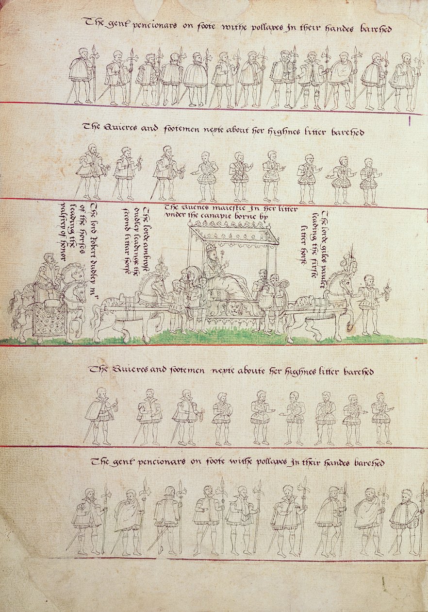 Drottningen i hennes kull, från "The Progresses of Queen Elizabeth 1" (bläck på papper) av English School