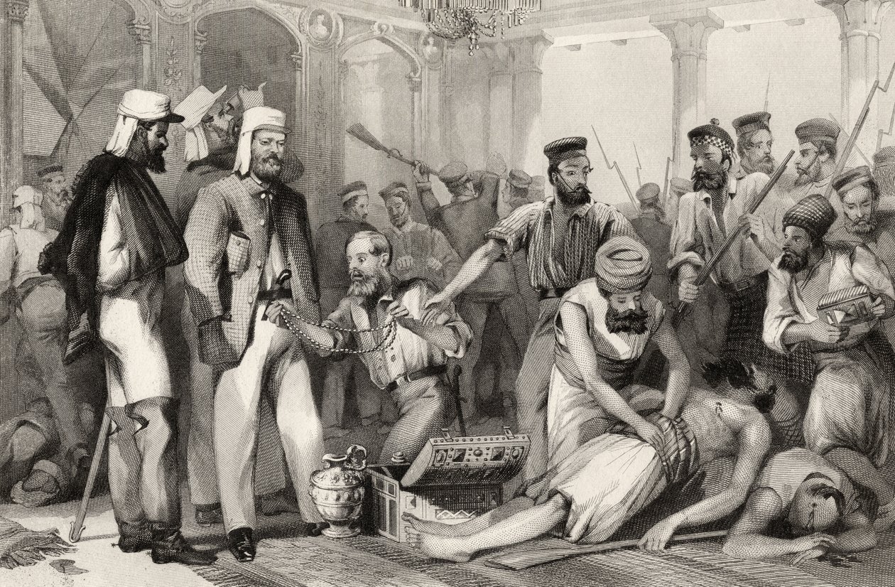 The Times korrespondent tittar på när Kaiser Bachs plundras efter intagandet av Lucknow den 15 mars 1858. av English School