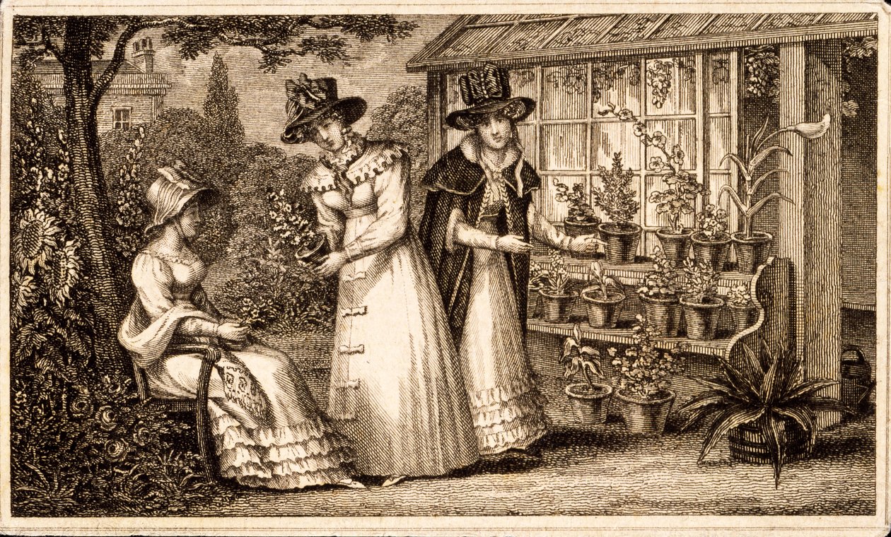 Three Ladies Gardening vid The Potting Shed c.1820-talet av English School