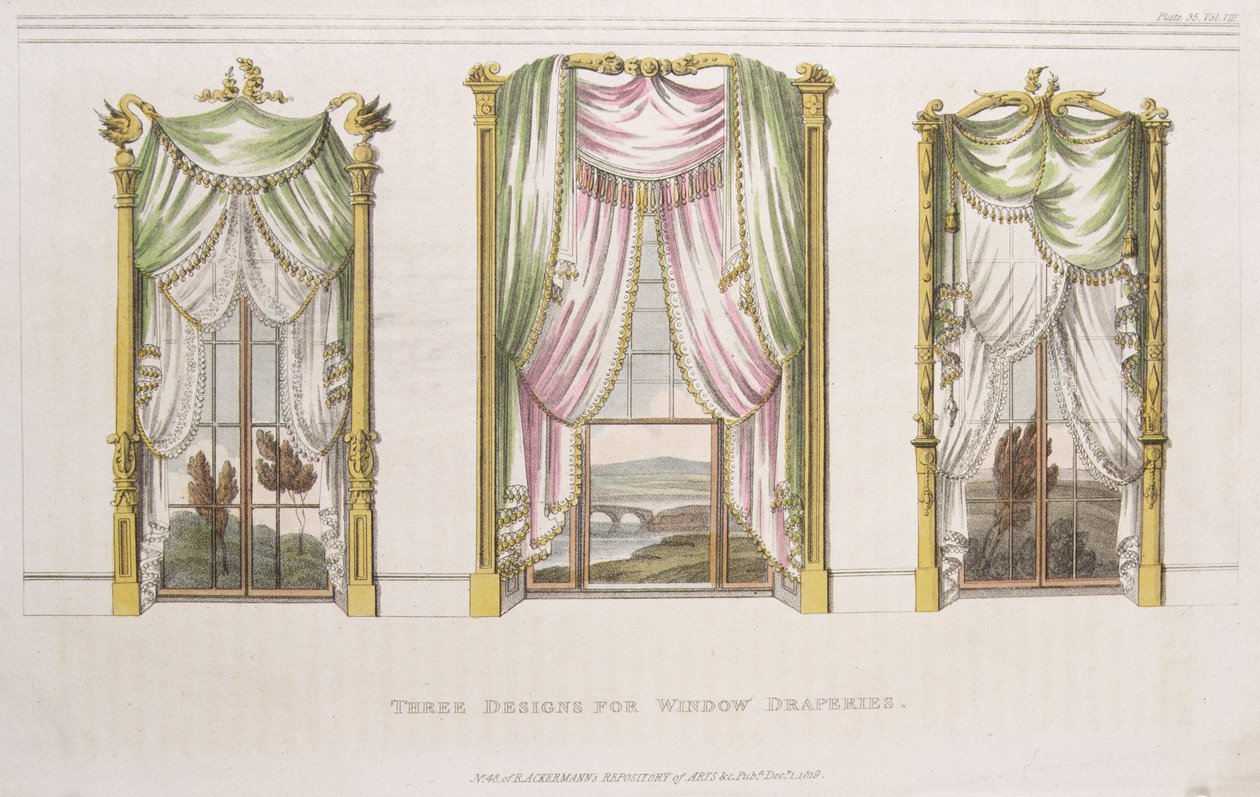 Tre mönster för fönsterdraperier, skylt 107 från Ackermanns Repository of Arts, publicerad 1819 av English School