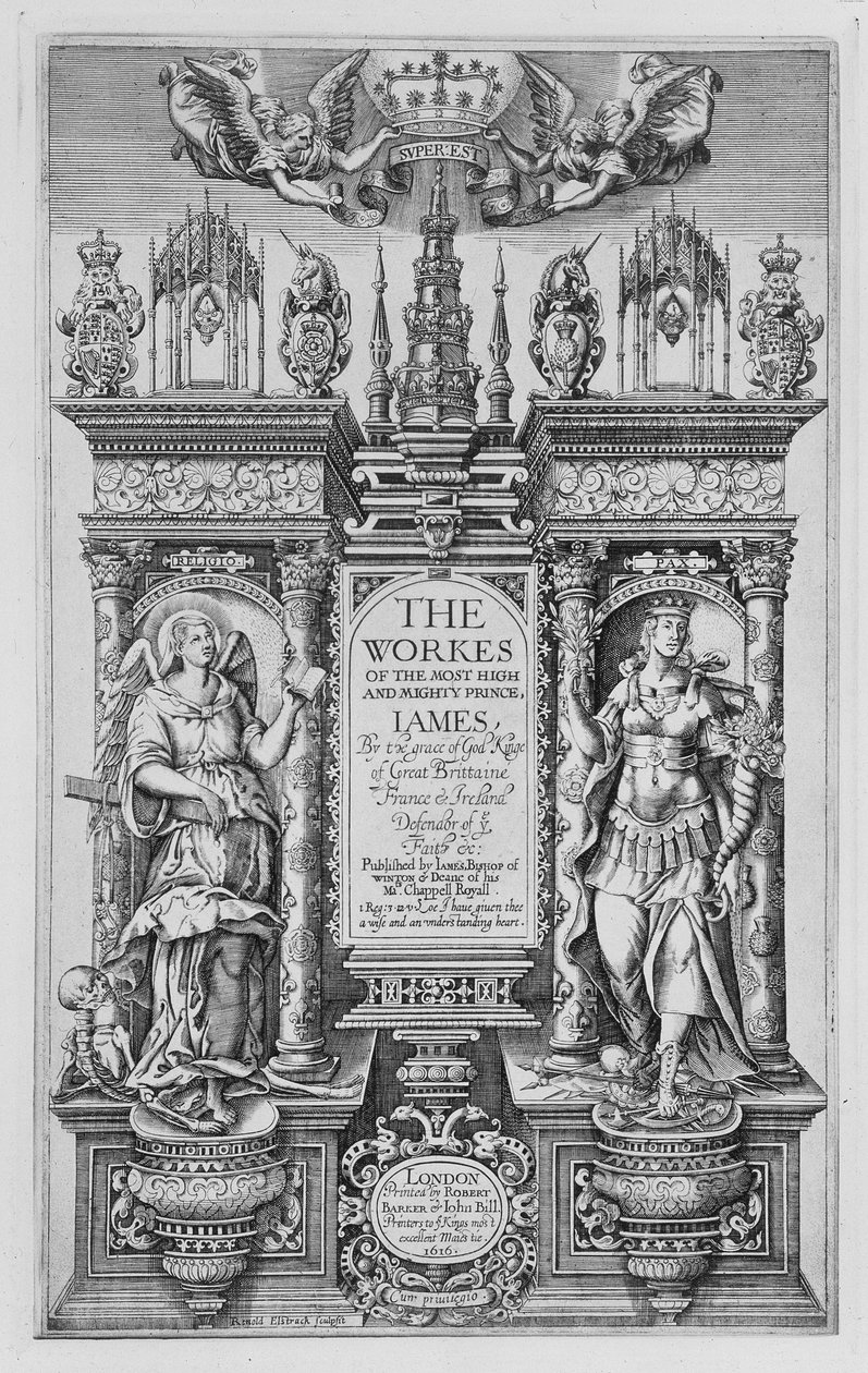 Titelsidan för The Works of James I, graverad av Renold Elstrack (1571-c.1630) 1616 av English School