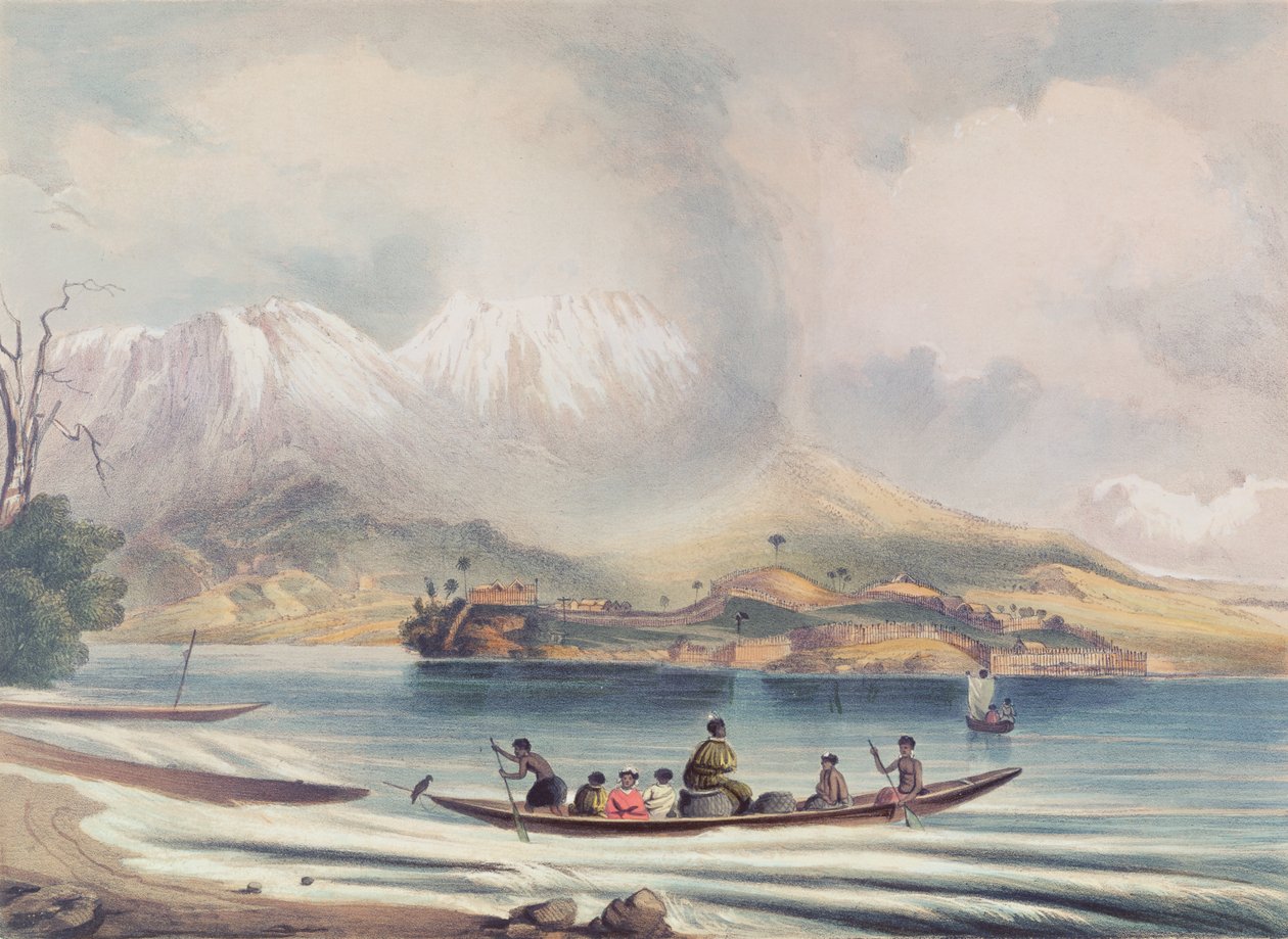Tongariro-vulkanen, Nya Zeeland (färggravyr) av English School