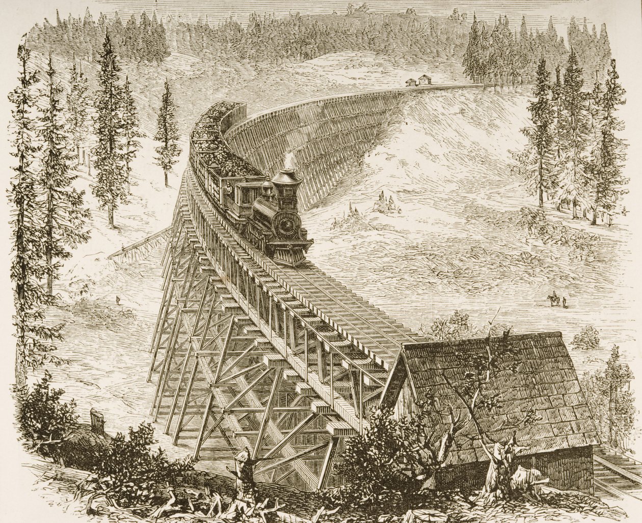 Trestle Bridge on the Pacific Railway, Sierra Nevada, ca 1870, från "American Pictures", utgiven av The Religious Tract Society, 1876. av English School