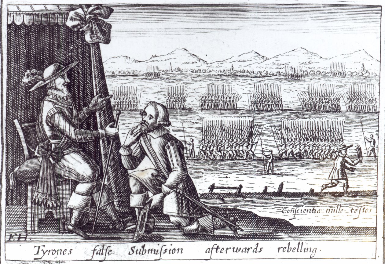 Tyrones falska underkastelse till Lord Deputy, Lord Mountjoy, i Mellifont, 30 mars 1603 av English School
