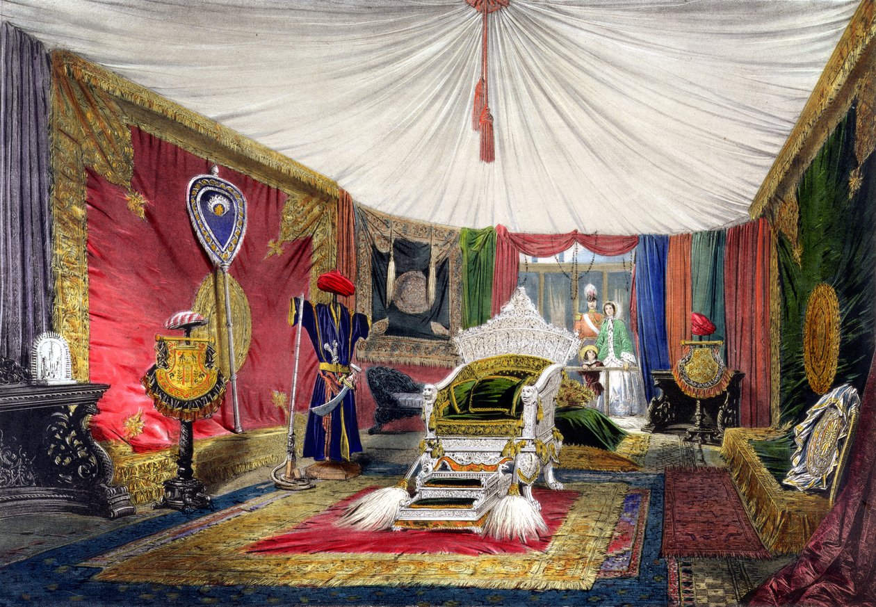 Utsikt över tältrummet och den elfenbensristade tronen, i Indien-delen av den stora utställningen 1851, från Dickinsons Comprehensive Pictures (färgad litho) av English School