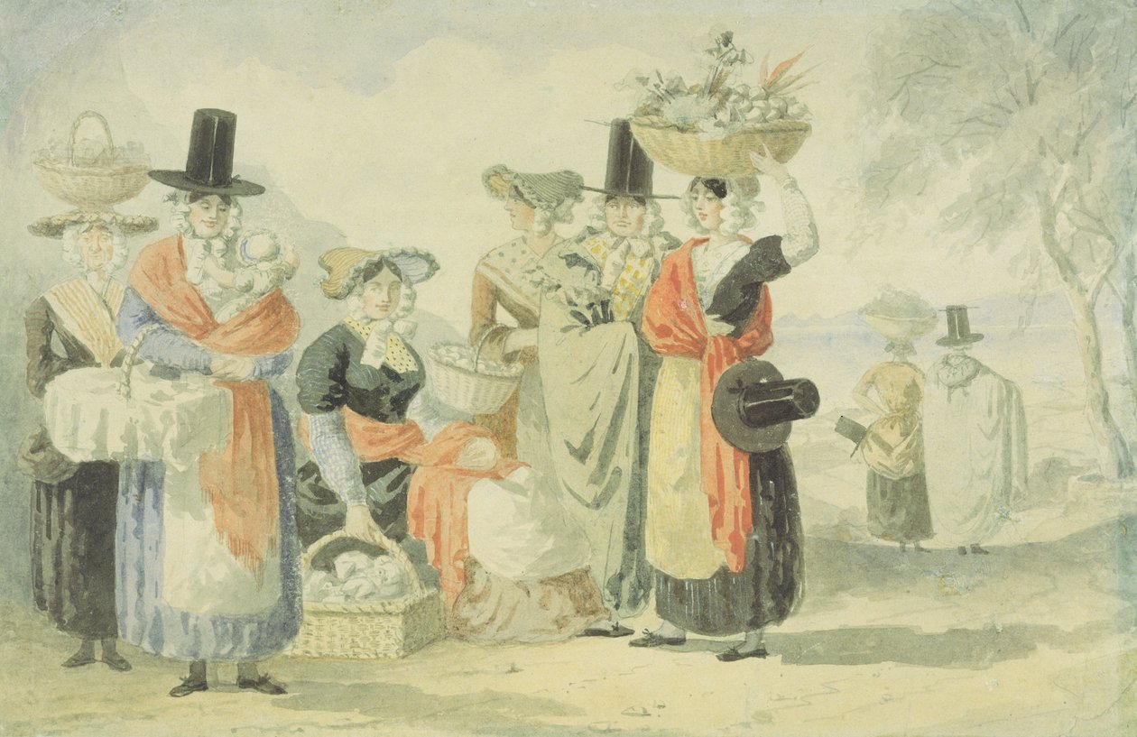 Welsh Fisherwomen (wc med penna över grafit på papper) av English School