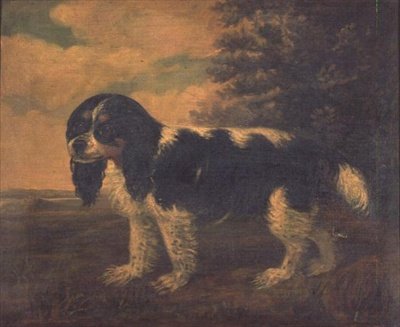 En King Charles Spaniel i ett landskap av English School