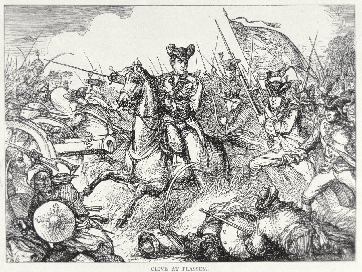 Slaget vid Plassey (färg litho) av English School
