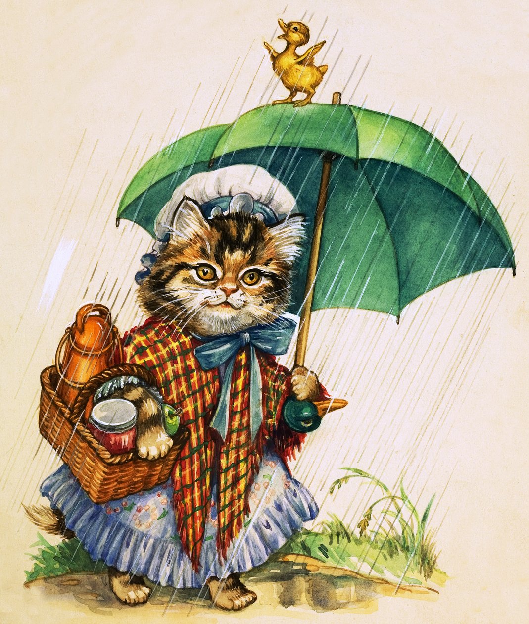 Katt med paraply (gouache på papper) av English School