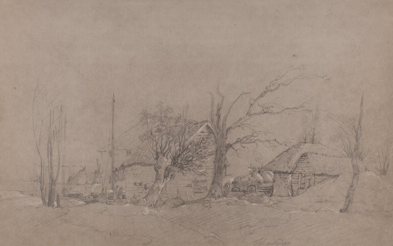 Gårdsbyggnader vid en flodstrand, ca 1840 av English School