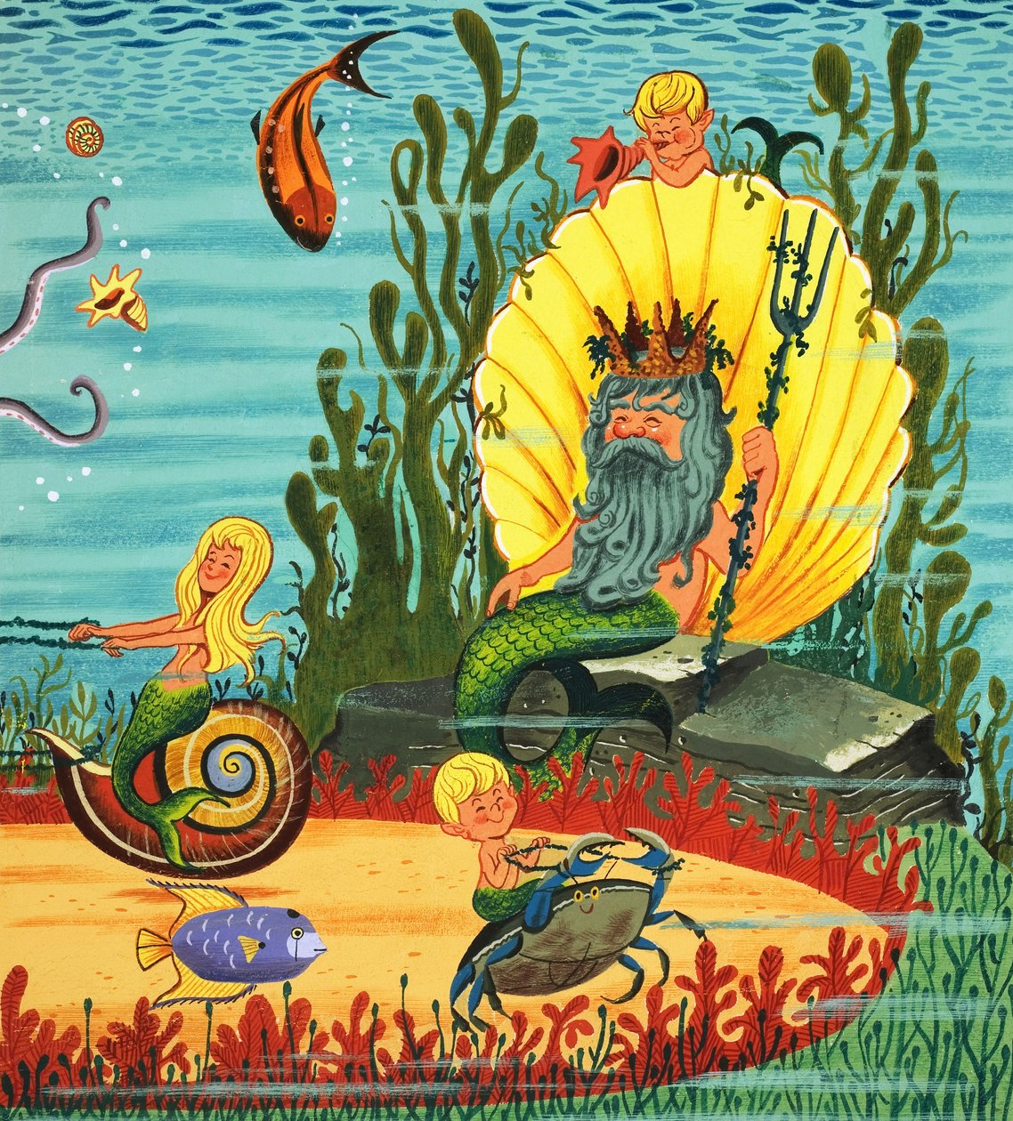 Mermaid Folk (gouache på papper) av English School