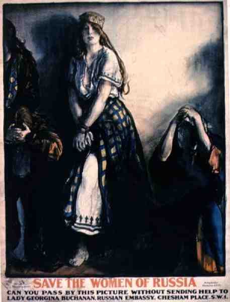 "Rädda kvinnorna i Ryssland" (färg litho) av English School
