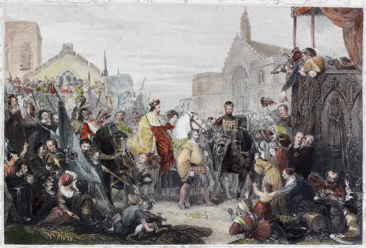 The Black Prince Entering London (färgad gravyr) av English School