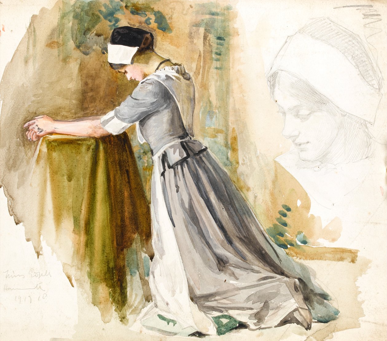 Kvinna vid bön, ca 1917 (wc på papper) av English School