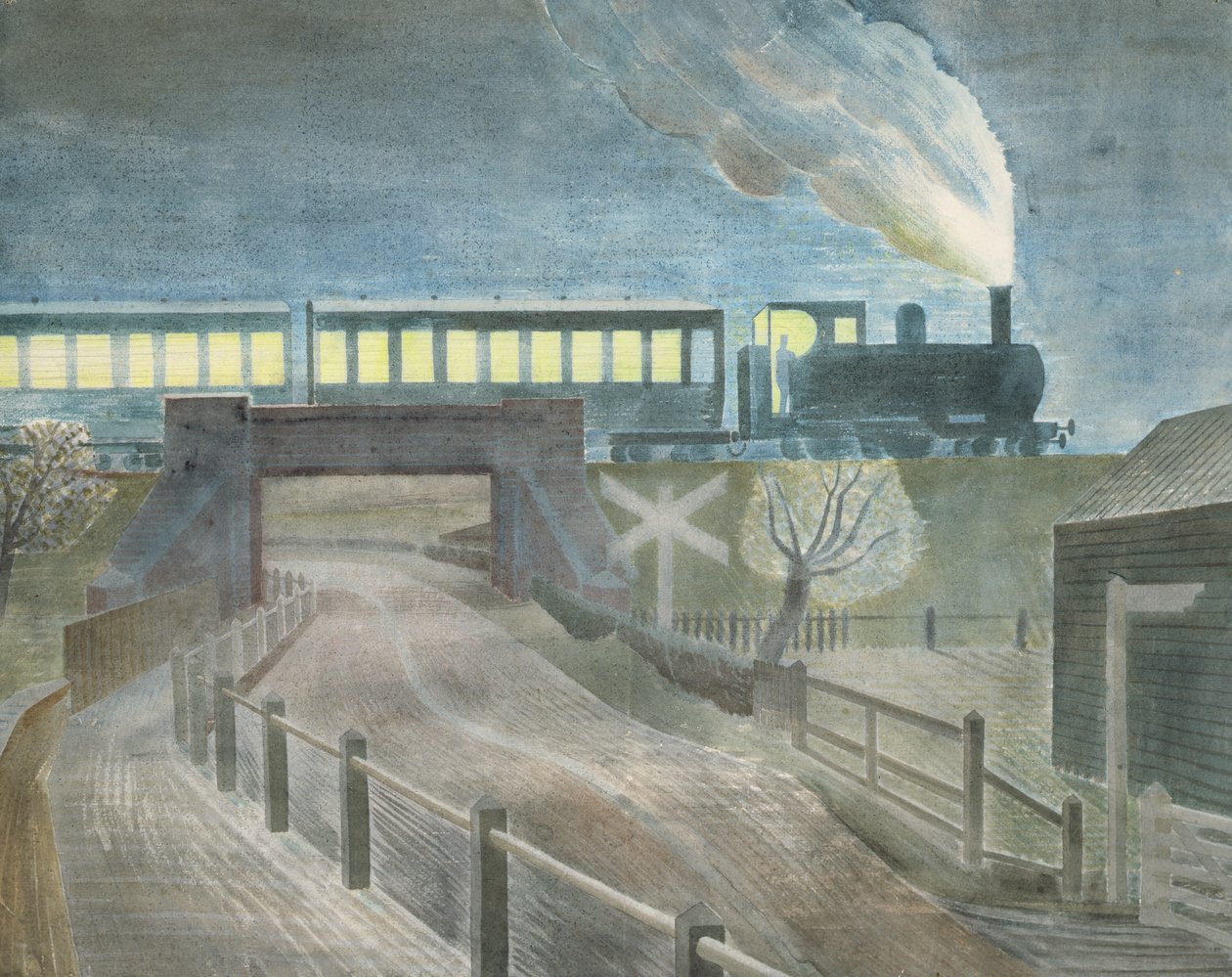 Tåg på väg över en bro på natten av Eric Ravilious