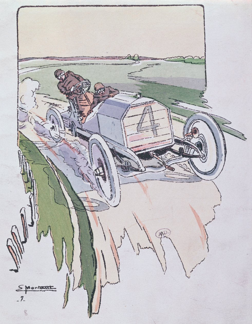 Camille Jenatzy i sin Mercedes som tävlade i Gordon-Bennett-loppet 1903, ca 1910 av Ernest Montaut