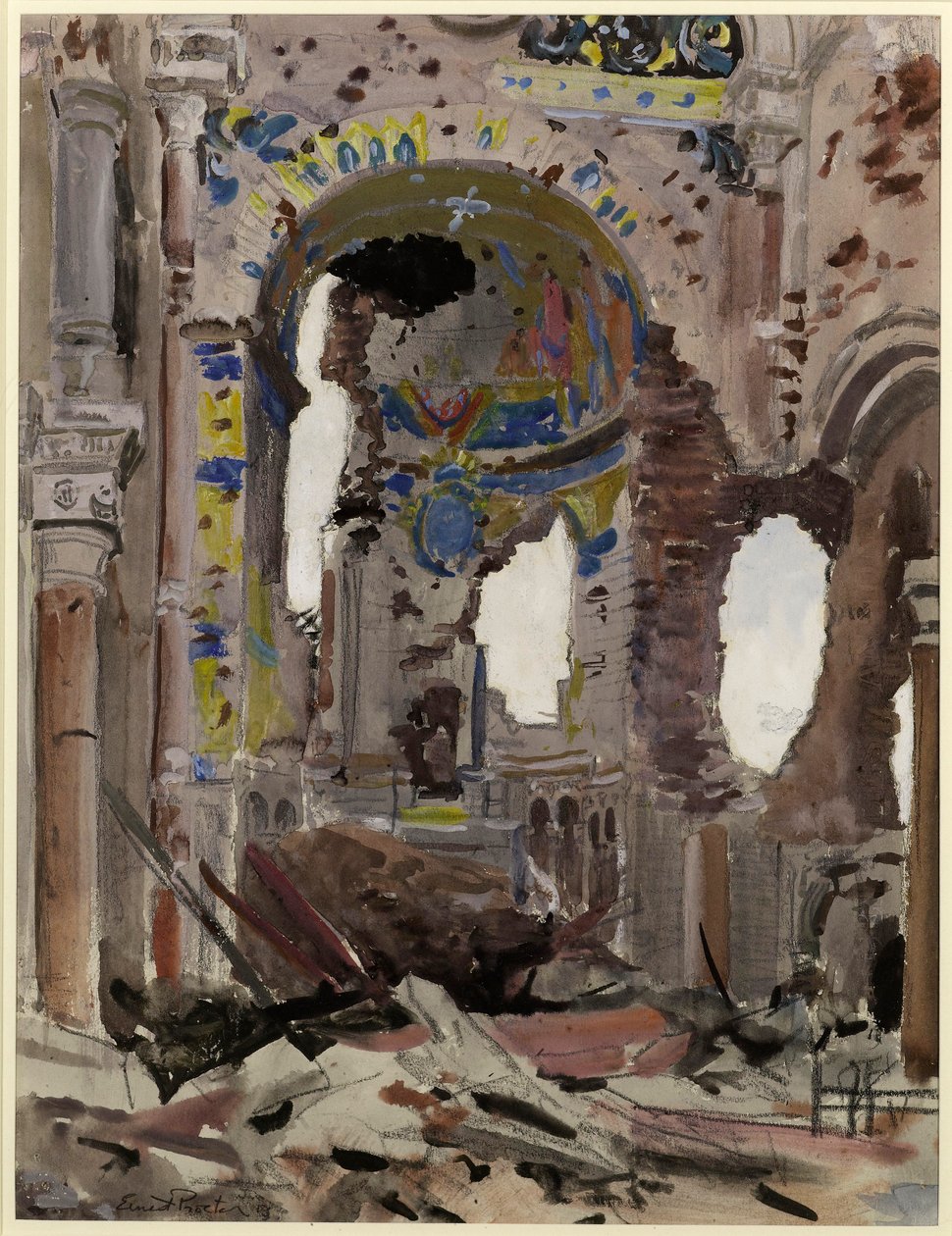 Bombed Out Interior of Albert Church, 1918 (wc kwenye karatasi)swed av Ernest Procter