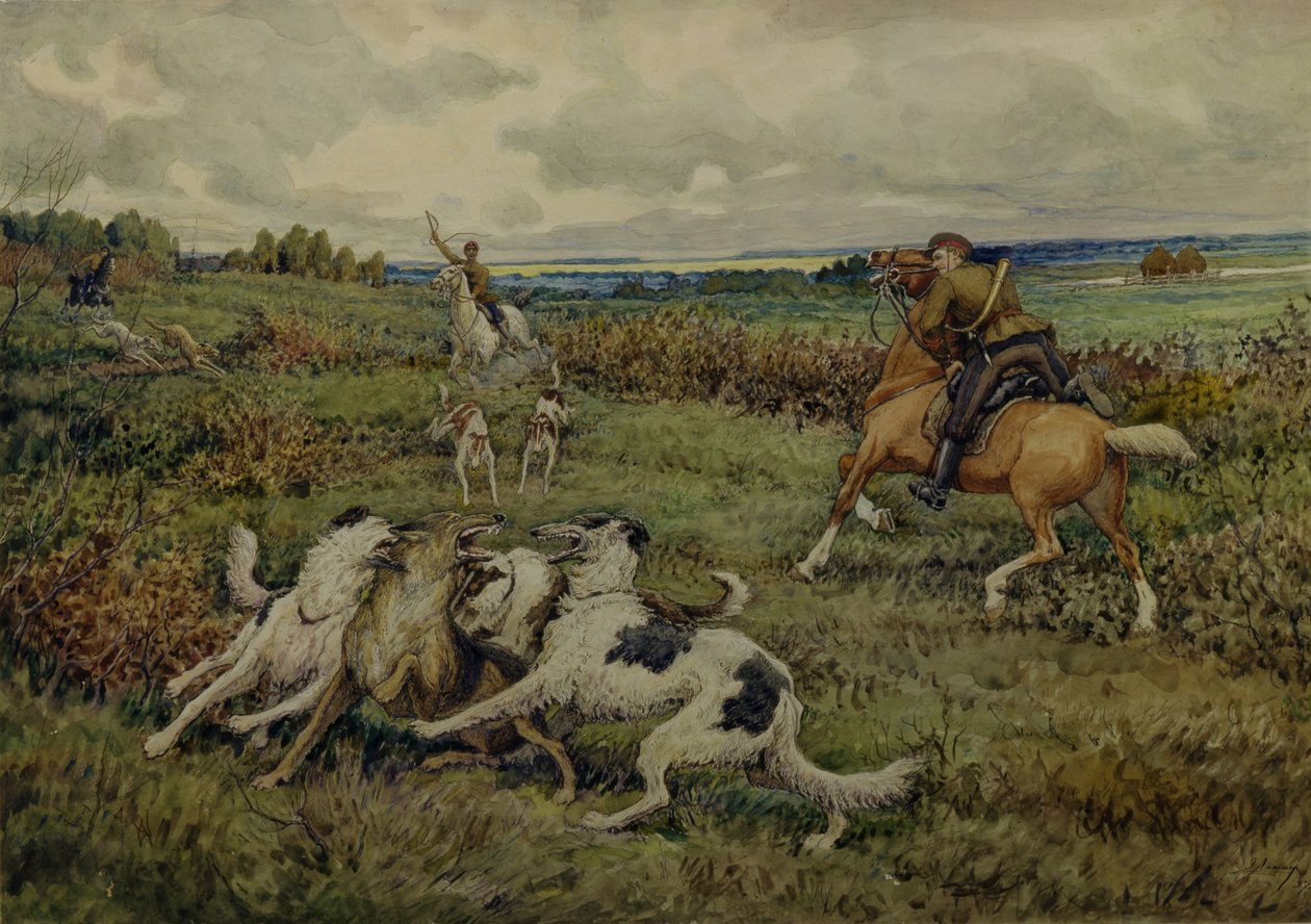 Jakt med Borzois, 1937 av Ernest Ernestovich Lissner