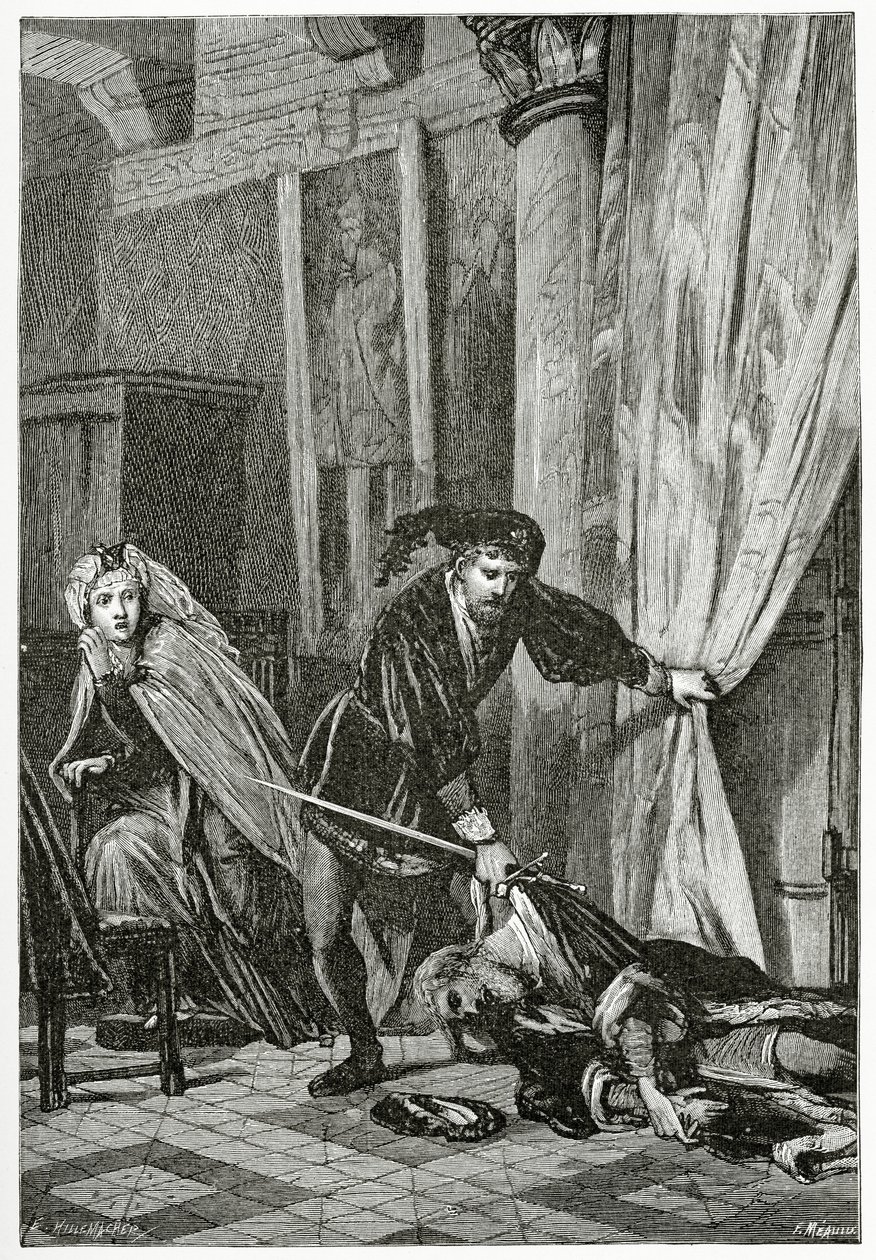 Scen från Hamlet, 1800-talet (bw gravyr) av Ernest Hillemacher