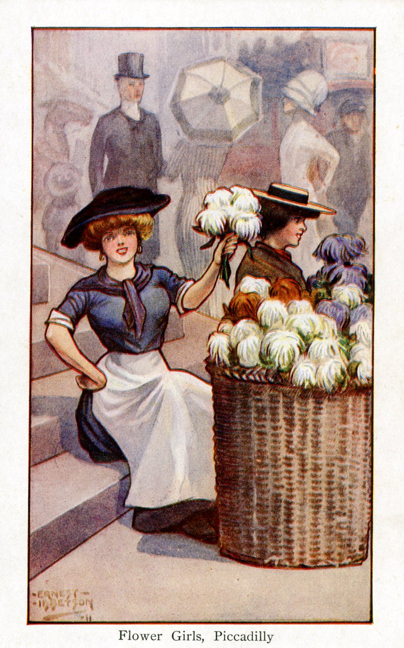 Blomsterförsäljare i arbete, Piccadilly, London av Ernest Ibbetson