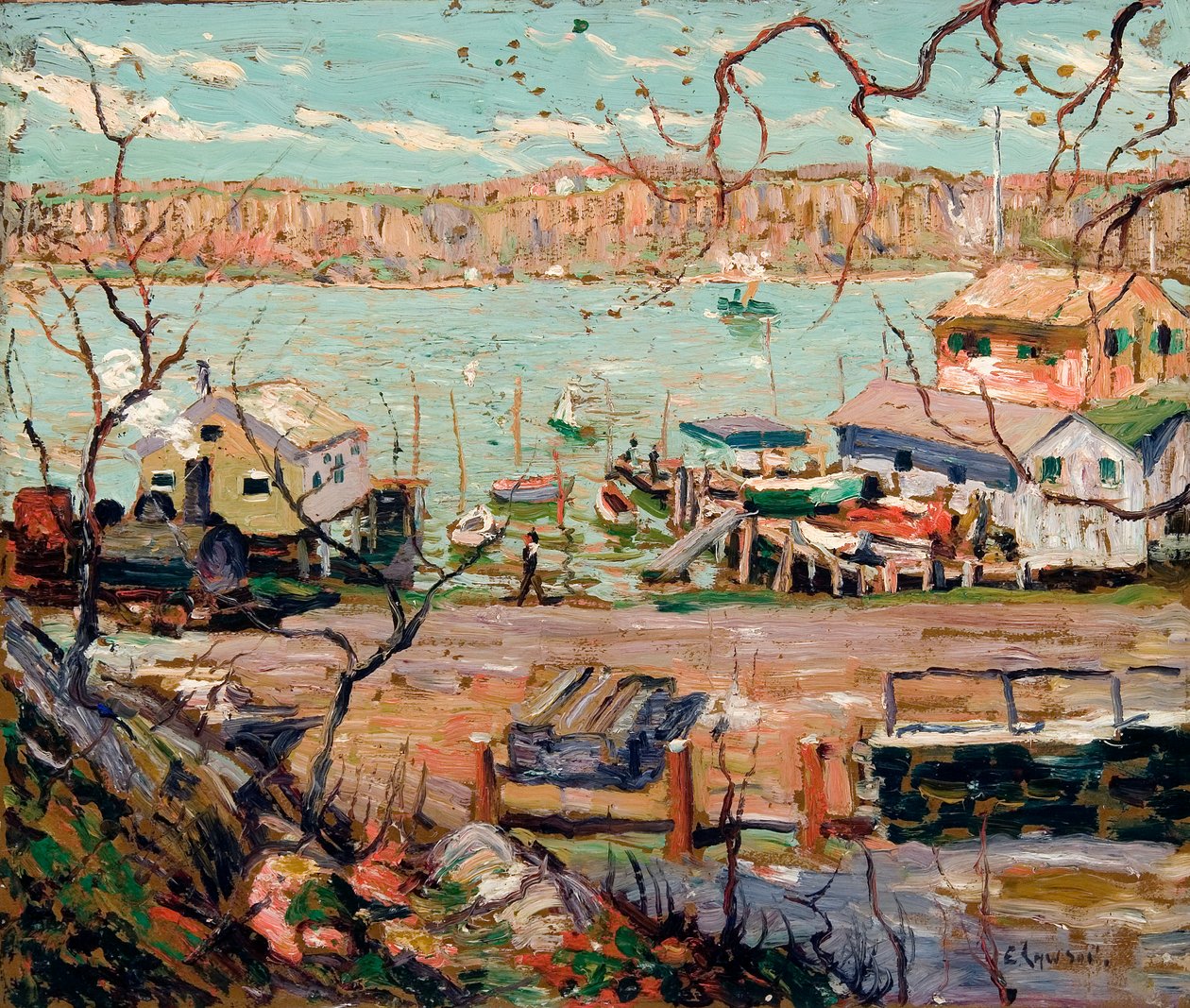 Flodscen – båtar och hus av Ernest Lawson