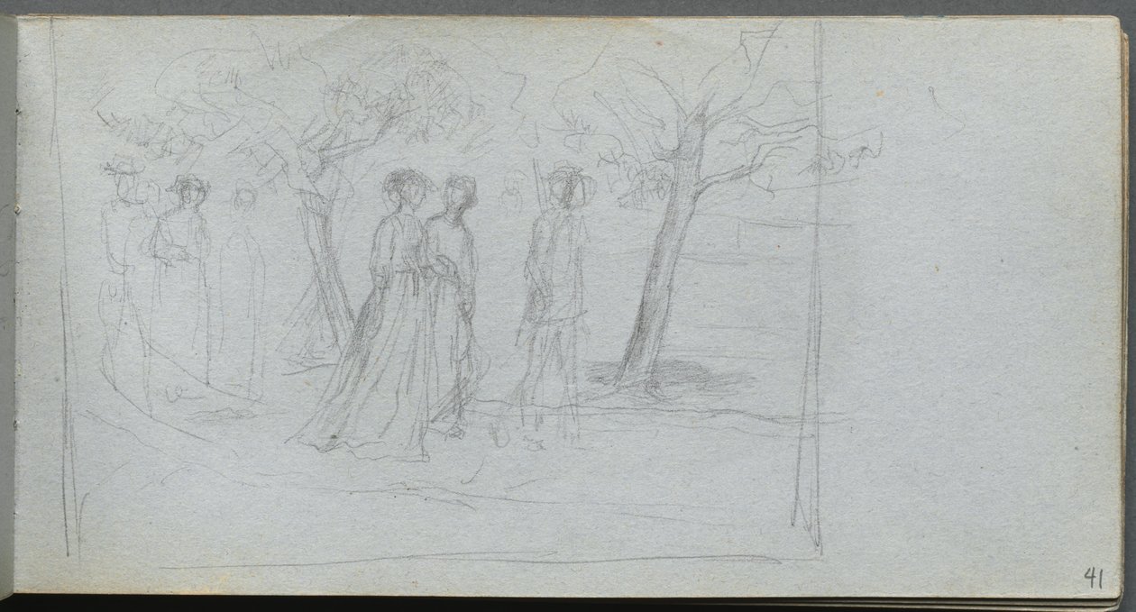 Skissbok, sid 41: Figurer i ett landskap. av Jean Louis Ernest Meissonier