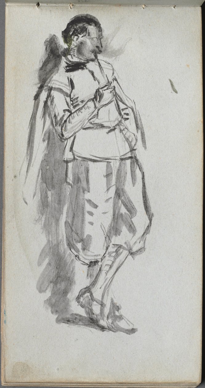 Skissbok, sid 46: Stående mansfigur. av Jean Louis Ernest Meissonier