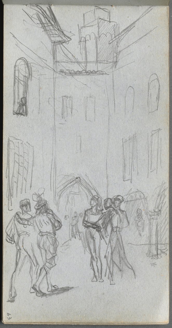 Skissbok, sid 63: Figurer på en innergård av Ernest Meissonier