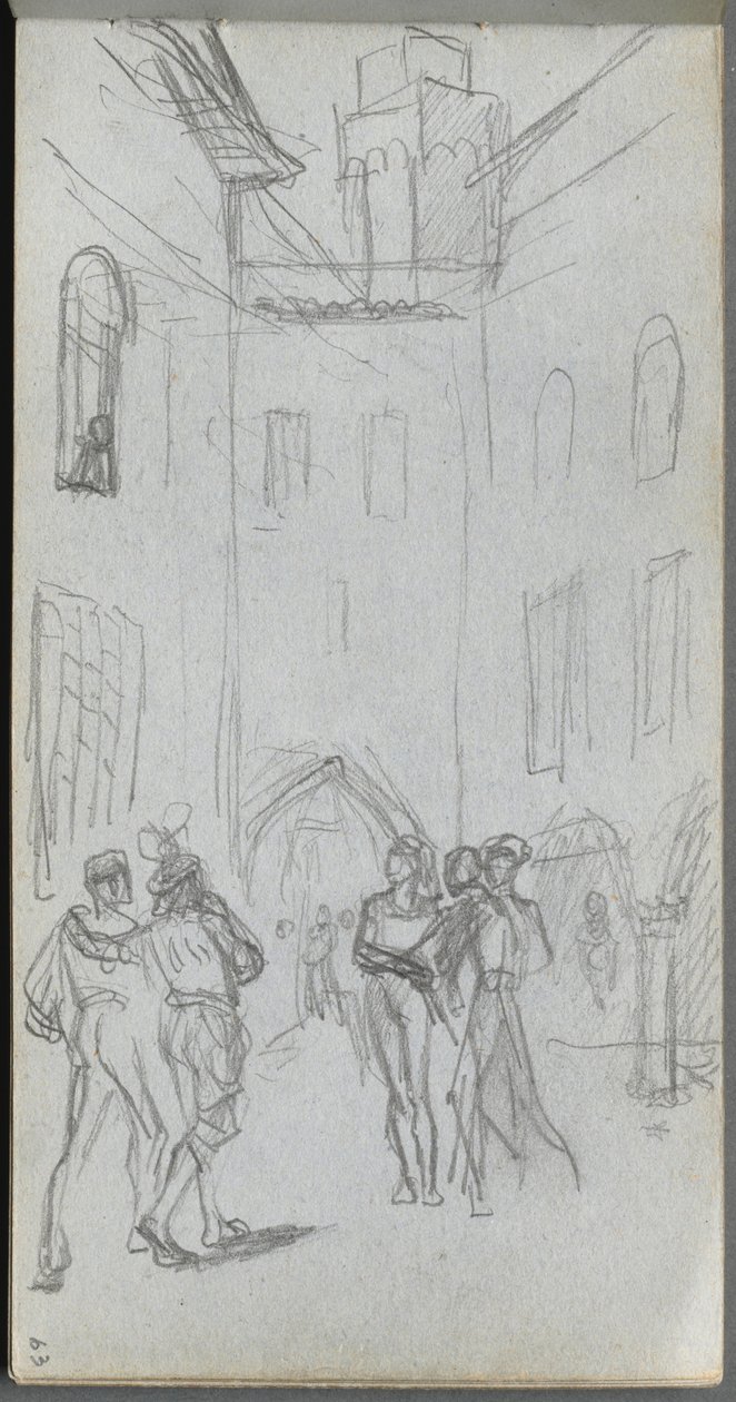 Skissbok, sidan 63: Figurer på en innergård. av Jean Louis Ernest Meissonier