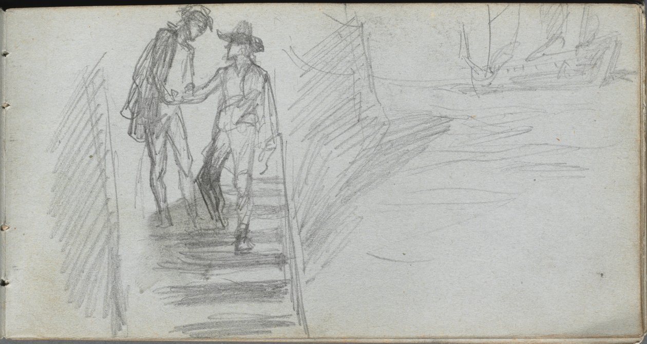 Skissbok, sidan 64: Figurer på en trappa. av Jean Louis Ernest Meissonier