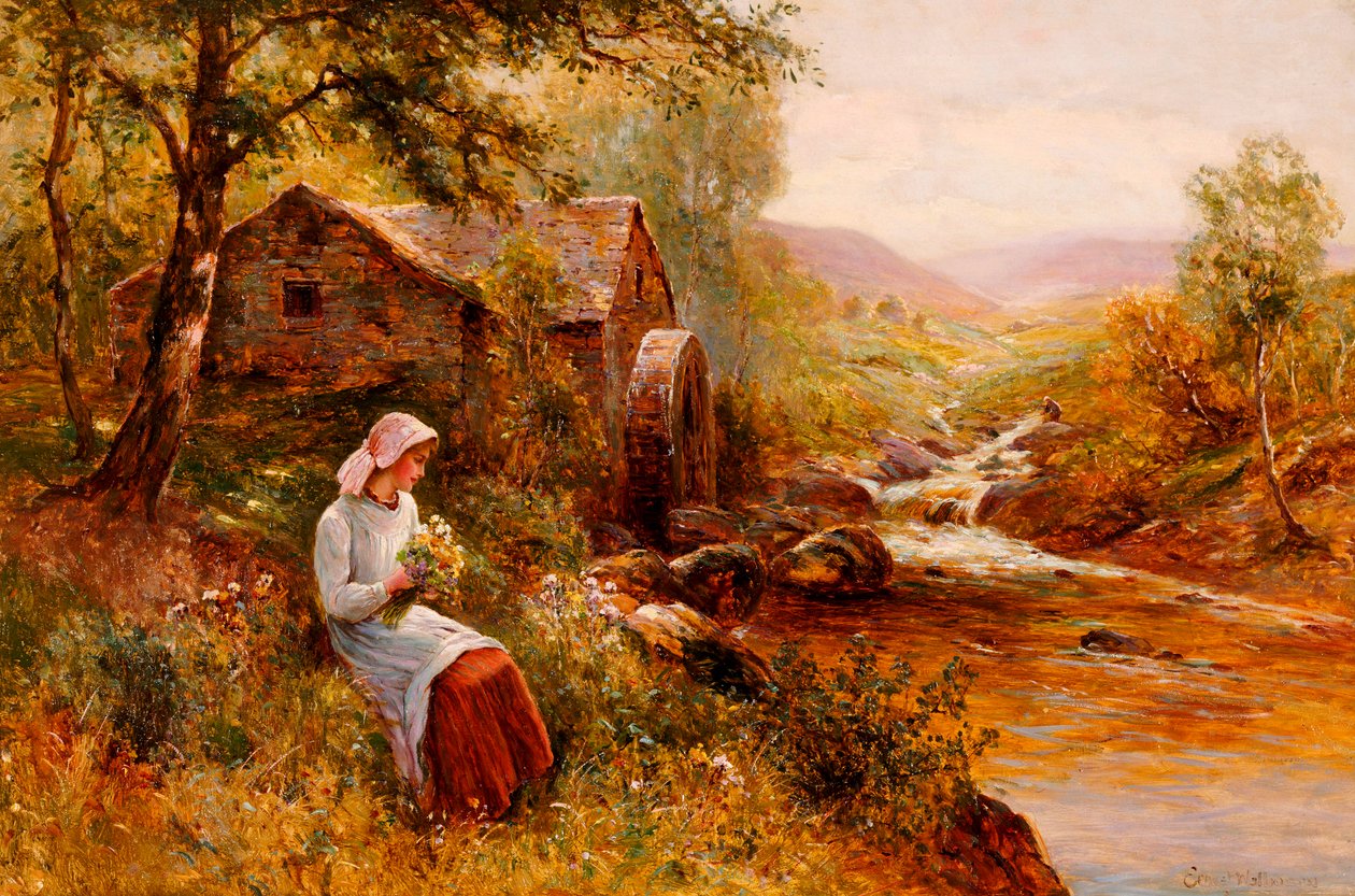 En ung flicka som plockar vårblommor av Ernest Walbourn