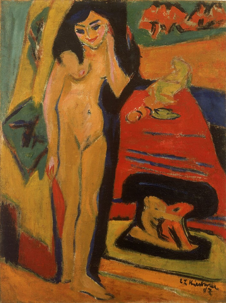 Nacktes Mädchen hinter Vorhang  av Ernst Ludwig Kirchner