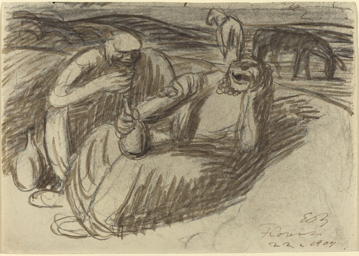 Italienska bönder med vinflaskor, 1909. av Ernst Barlach