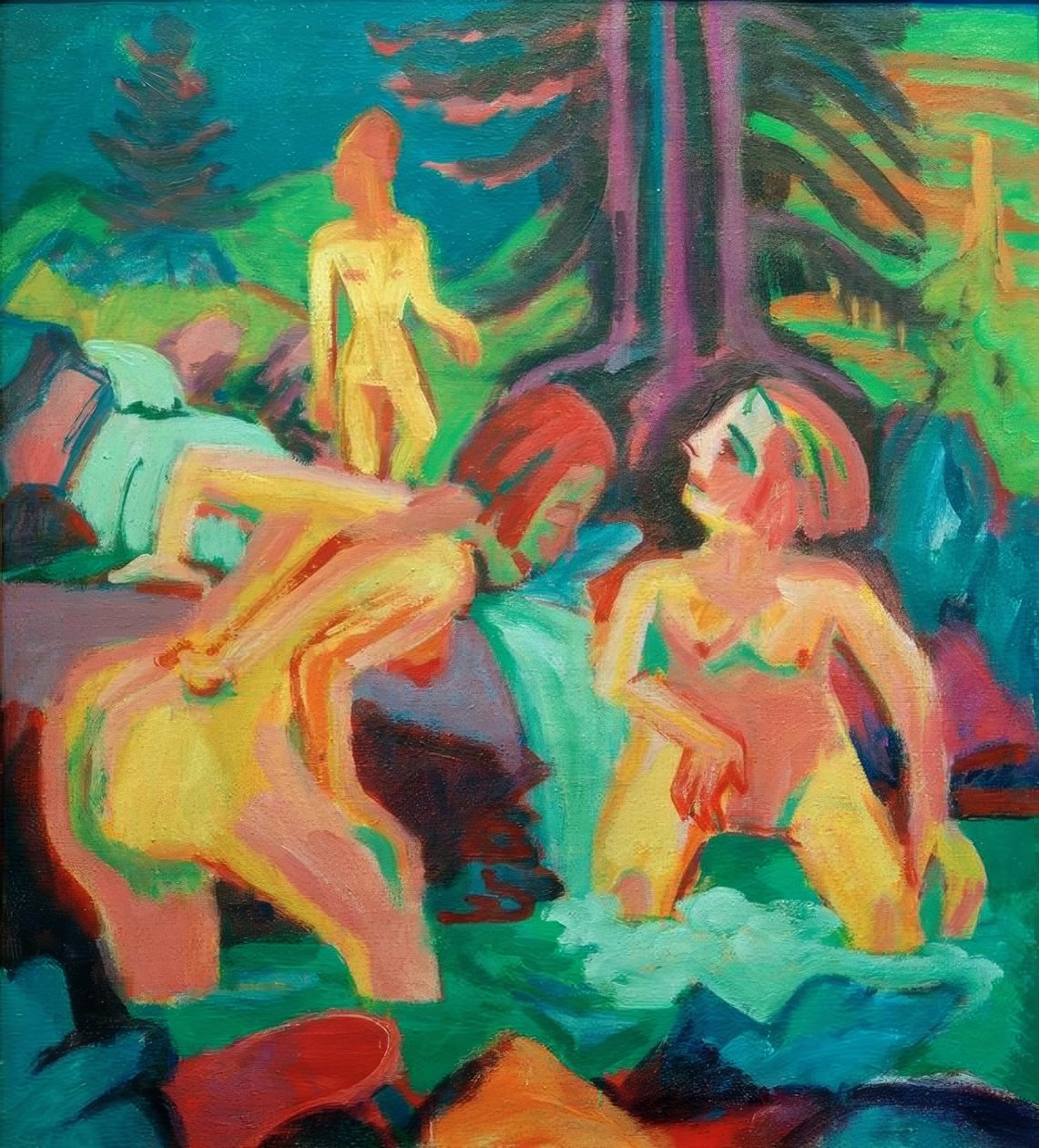 Nakna kvinnor som badar i fjällbäcken av Ernst Ludwig Kirchner