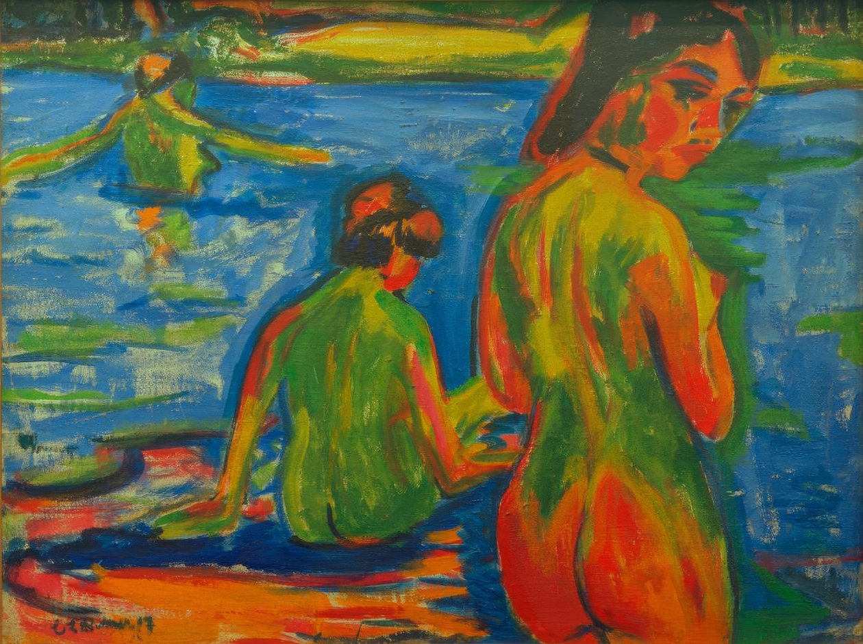 Flickor som badar i sjön av Ernst Ludwig Kirchner