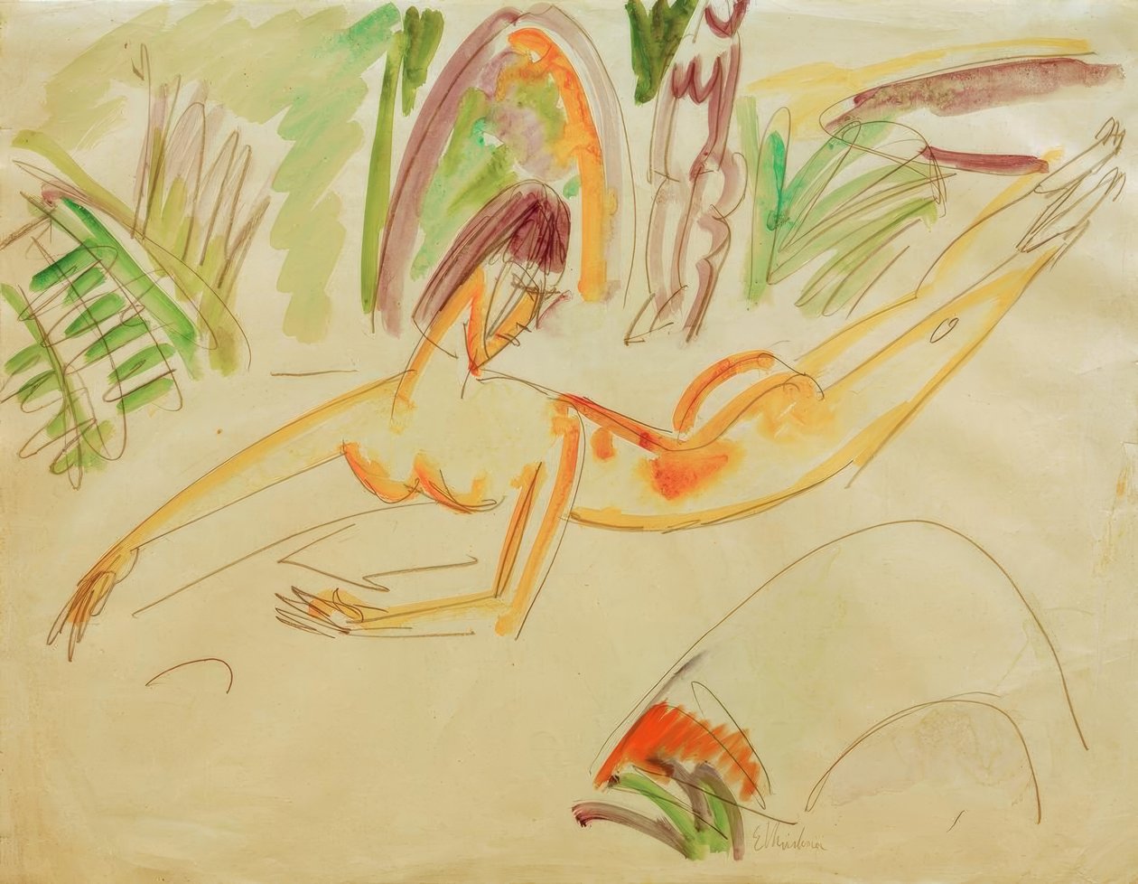 Liggande naken kvinna på stranden på Fehmarn av Ernst Ludwig Kirchner