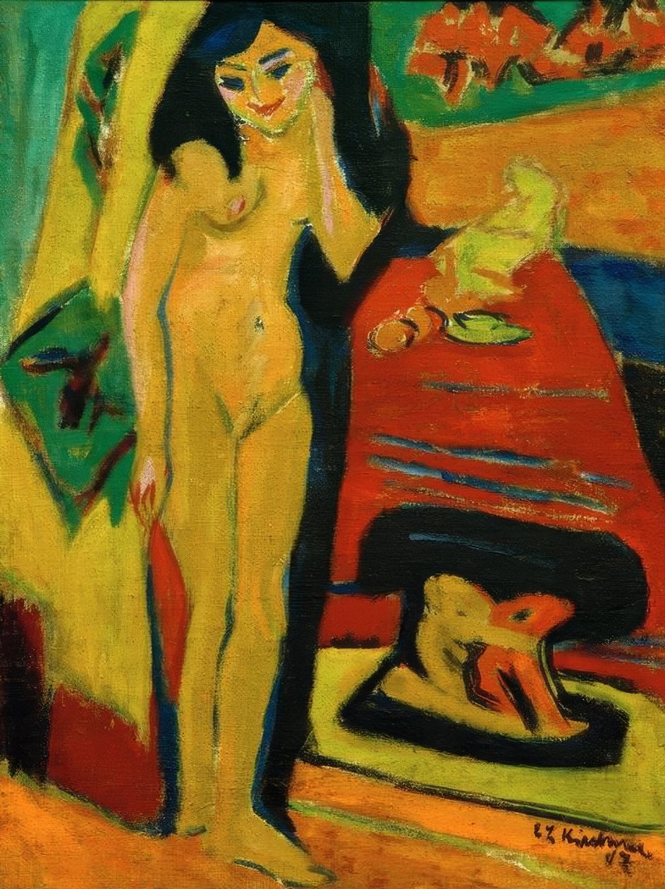 Naken flicka bakom gardinen (Fränzi) av Ernst Ludwig Kirchner