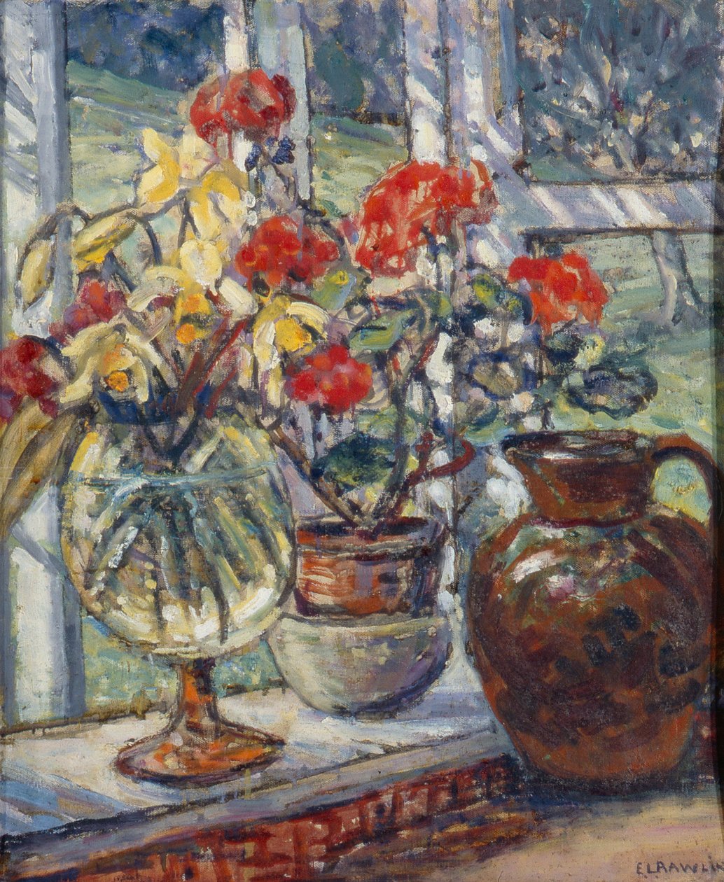 Geraniums (olja på duk) av Ethel Louise Rawlins