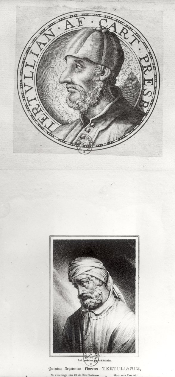 Två porträtt av Quintus Septimus Florens Tertullianus (c.160-c.220), känd som Tertullianus. av Etienne Gautier