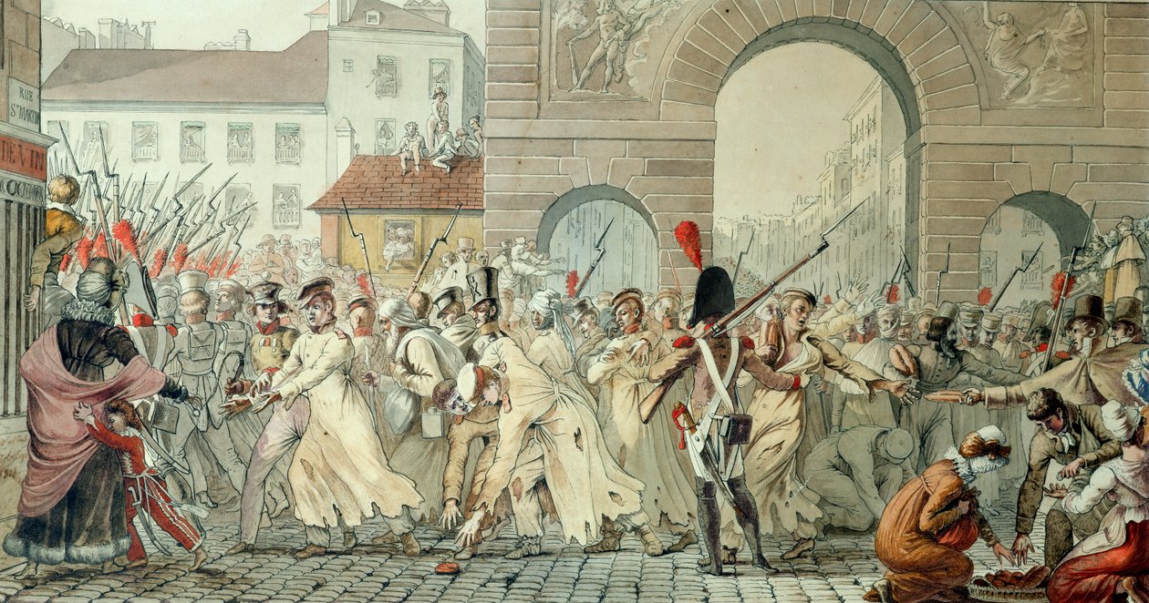 Russiske fanger paraderede på Boulevard Saint-Martin efter slaget ved Montmirail, 17. februar 1814 (pen og blæk og wc på papir) av Etienne Jean Delecluze