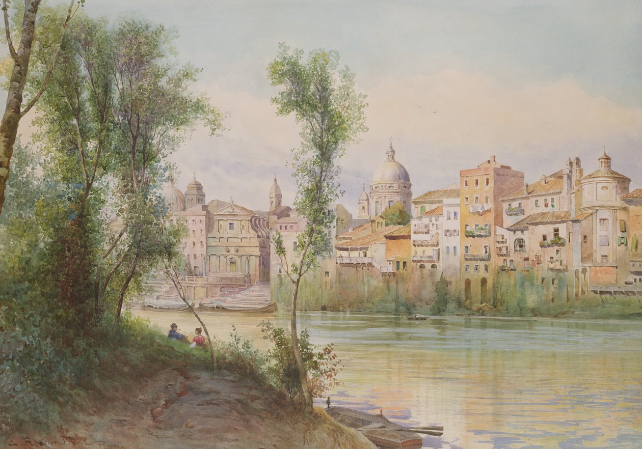 Utsikt över Porto di Ripetta dai Prati, Rom (wc på papper förhöjd med vitt) av Ettore Roesler Franz