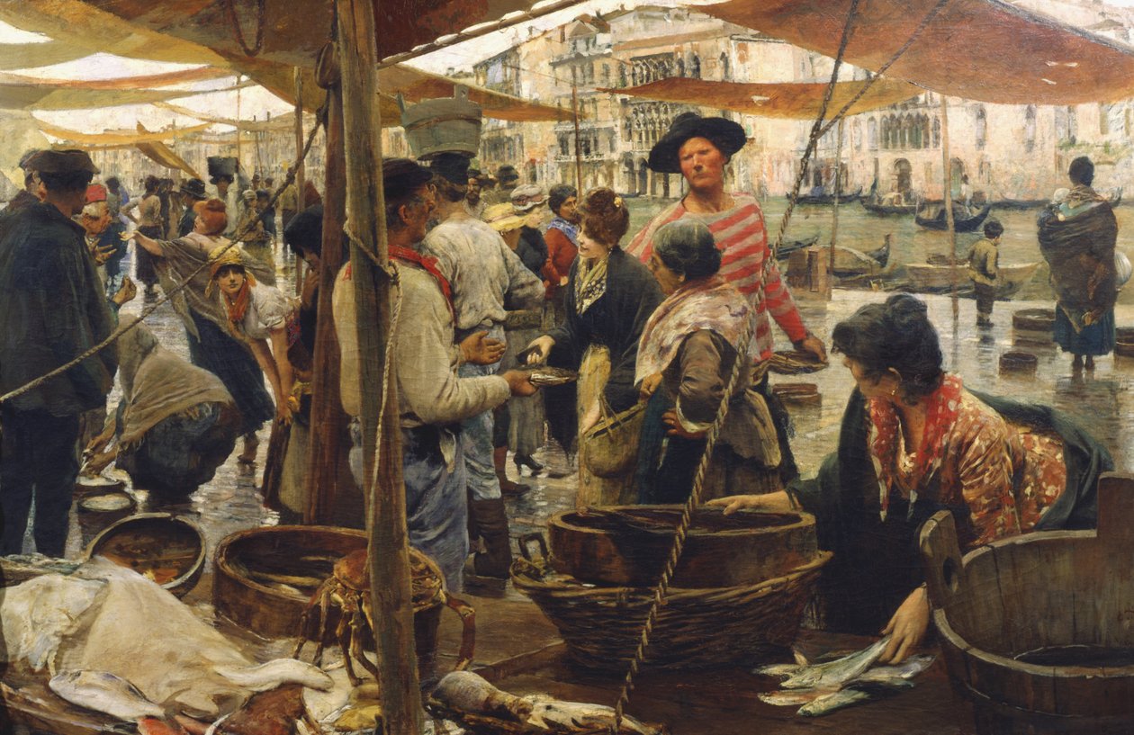 Gamla fiskmarknaden i Venedig av Ettore Tito