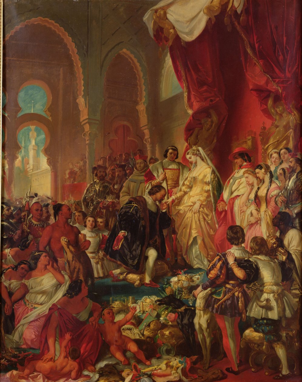 Christopher Columbus (1450-1506) Före Ferdinand II (1452-1516) av Aragon och Isabella (1451-1504) av Kastilien, 1861 av Eugene Deveria