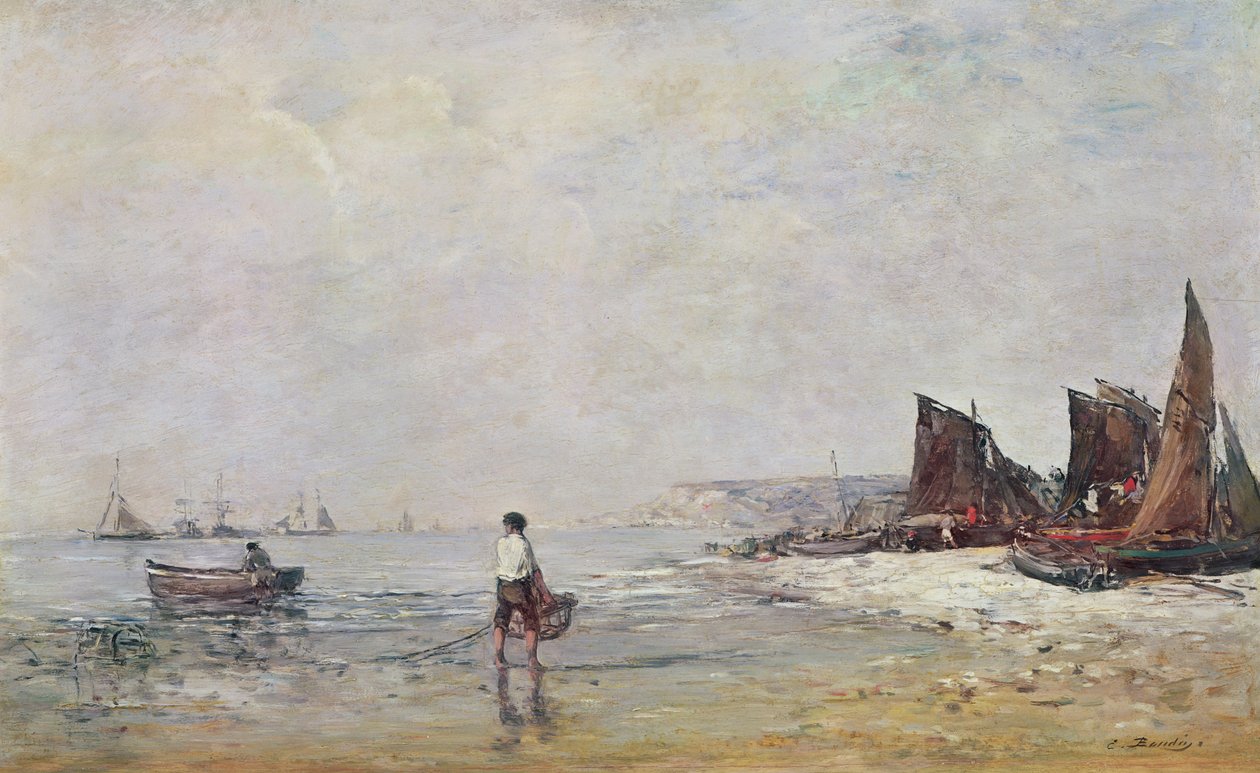 Fiskare i Villerville, lågvatten av Eugene Louis Boudin