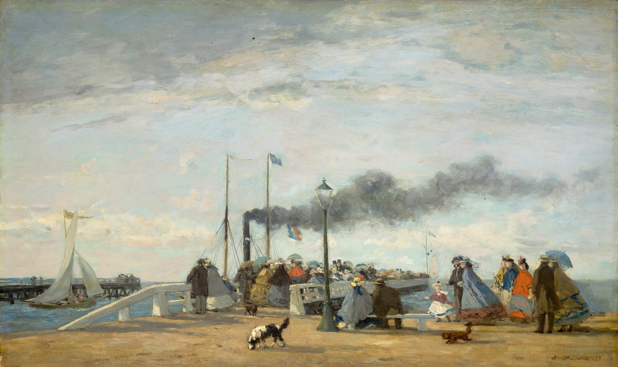 Jetty and Wharf i Trouville, 1863 (olja på trä) av Eugene Louis Boudin