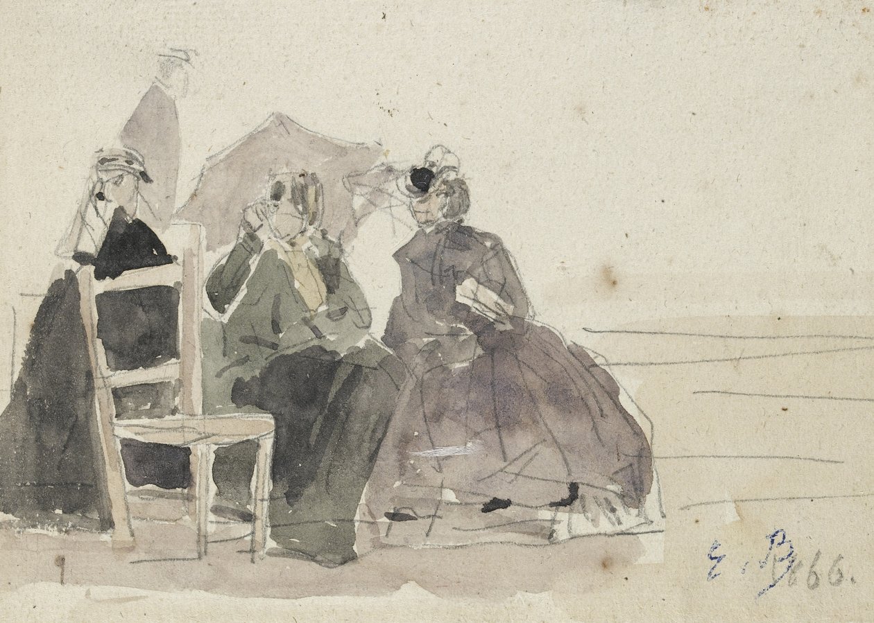 Tre kvinnor på stolar på en strand (grafit på vitt papper) av Eugene Louis Boudin
