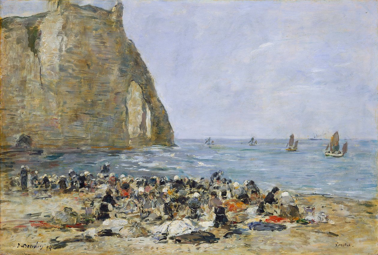 Tvättkvinnor på stranden i Etretat, 1894 (olja på trä) av Eugene Louis Boudin