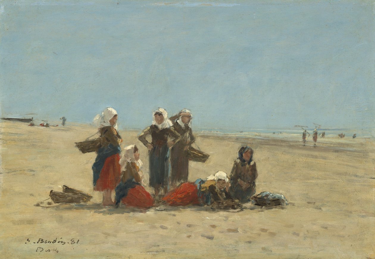 Kvinnor på stranden i Berck, 1881 (olja på trä) av Eugene Louis Boudin